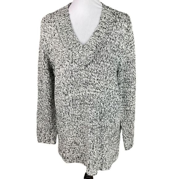 Chaps Sweater Tunic V Neck Black White Knit Silver Metallic Thread Side Slits XL - Picture 1 of 12